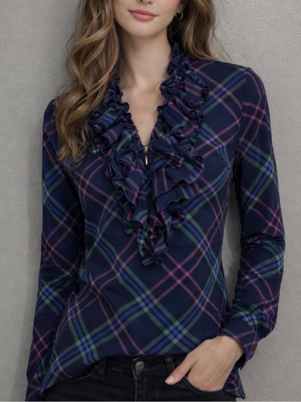 Ralph Lauren Navy Plaid Button-Front Shirt with Pink Accents - Picture 1 of 5